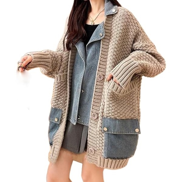 ADORA Cozy Knit Oversized Slouchy Sweater with Denim Accents - Picture 1 of 8